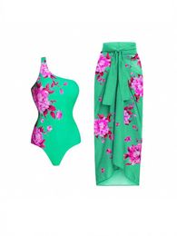 Women's Swimwear Green OneShoulder Flora Print Bikini Sets Swimsuit Skirt Women One Piece Brazilian Holiday Swimwear 2022 Beach Bathing Suits Z0613