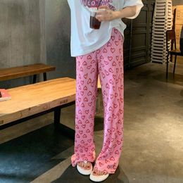Women's Pants Capris Chic Pink Print Folds Long Pants Elastic High Waist Wide Leg Pants Y2k Streetwear Casual Korean Fashion Summer Sweatpants Women 230615