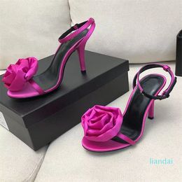 Designer Summer Luxury Sandals Shoes Flower Satin Women Leather Lady Sandalias Party Wedding Stiletto heel Black Rose Green
