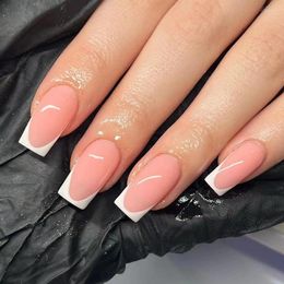 False Nails 24 Pcs/set White French Nude Pink Wearable Nail Art Full Cover Fashion Fake Finished Press On With Glue