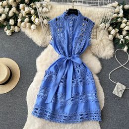 European and American style court style hollowed out lace A-line skirt with standing collar and slim dress summer tie up waist short skirt