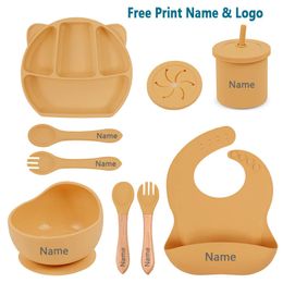 Cups Dishes Utensils 8-piece/set baby silicone suction cups bowls cups bibs spoons forks set bear dinner plate set 230615