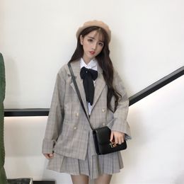 Two Piece Dress early spring and autumn Korean version of the college style casual western plaid suit jacket pleated skirt twopi 230615