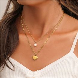 Pendant Necklaces 316L Stainless Steel Fashion Fine Jewellery 2 Layer Beaded Pearl Love Heart Charm Chain Choker Pendants For Women