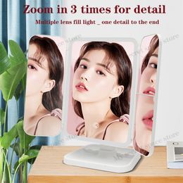 Compact Mirrors Net red beauty mirror LED makeup table light three sided folding touch induction 180 degree rotating magnifying glass 230615