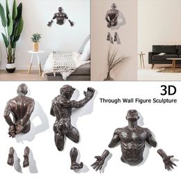 Decorative Objects Figurines Electroplating Imitation Copper Wall Decor Abstract Character Climbing Man Statue Sculpture 3D Through Wall Art 230616