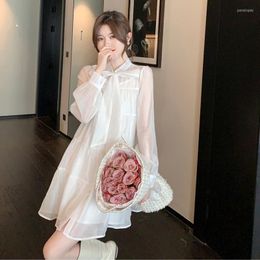 Casual Dresses 2023 Spring Sweet Gauze For Women Bow Lace-up Long Sleeve Loose Shirt Dress With Camis Temperament Solid Vestidos