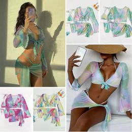 Womens Swimwear Ladies Swimsuit Comfortable Tie Dye 3-Piece Knotted Swimming Suit Push Up Wrap Beachwear Gather Bikini with Cover Ups