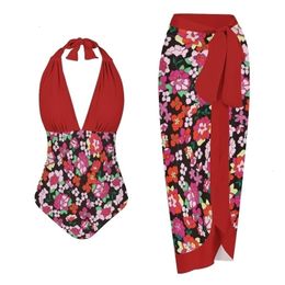 Women's Swimwear Sexy Red Swimsuit Skirt Summer Women Halter 3D Flower Print Swimwear Beach Dress Cover Up Monokini Bath Suit 230615