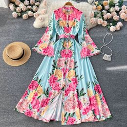 New European and American Ins Style Fashion Personalized Print Flare Sleeve Dress Large Swing Over Knee A-line Long Dress