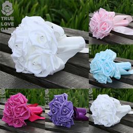 Decorative Flowers Wedding Bouquet Bridal Bridesmaid Aartificial Rose Flower Ribbon Pearl Hand Made & Wreaths