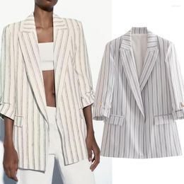 Women's Suits Withered Fashion Vintage Striped Roll Up Sleeve Casual Blazers Women Office Lady Jacket