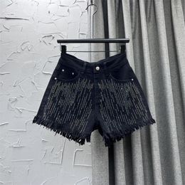 Women's Jeans Black Denim Shorts Women's Rhinestone 2023 Summer Wide-Leg Short Jean Pants Female Frayed