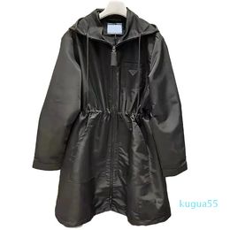 2023-Designer women Trench Coats medium and long badges elastic waistband shows thin hooded trench coat loose casual versatile sunscreen coat