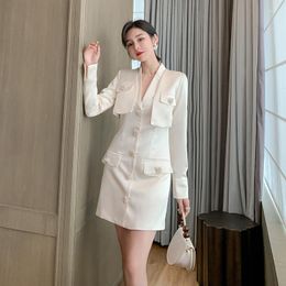 Casual Dresses Brand Designer Runway Solid 2023 Autumn Winter 2 Piece Set Women Blazer And Sleeveless Tank Mini Dress Ladies Fall Two