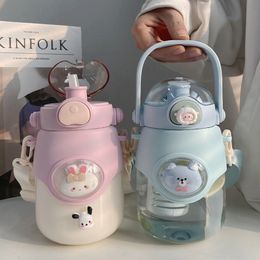 Cups Dishes Utensils Water Bottle Drinking Sports Bottles Plastic Cup with Straw BPA Free Cute Bear Student Couple Plastic Cup for School Kids Girls 230615