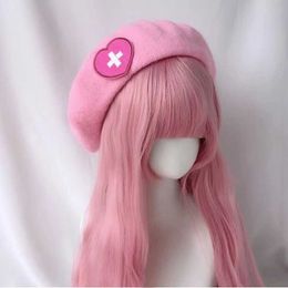 Berets Japanese Harajuku Y2K Cross Embroidery Beret Love Hat Pink Girl Beret Cute Sweet Wool Embroidery Kawaii Hat Lolita Accessories Z0613