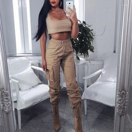 Women's Pants Vangull Spring Khaki Women Cargo High Waist Big Pocket Cotton Long Solid Loose Sport Tie Feet Ladies Trousers