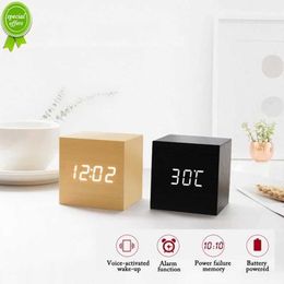 New Voice-activated Electronic Digital Alarm Clock Creative LED Lazy Wooden Clock Date Temperature Clock Small Cube Art Clock