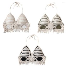 Women's Tanks Women Crochet Knit Halter Bras Tassels Hem Vacation Bustier Top With Chest Pads