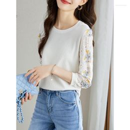 Women's T Shirts Embroidered 3/4 Sleeve Spliced Texture T-shirt For Women Design Feel Loose O Neck Unique Top Early Autumn Underlay Shirt