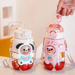 Cups Dishes Utensils Children's Cute Water Bottle Straw Cup High Beauty Cartoon Cute Favourite Kawaii Baby Straw Plastic Water Cup Adjustable Strap 230615