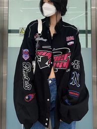 Women's Jackets HOUZHOU Black Vintage Jacket Women Casual Oversized Jackets Long Sleeve Baseball Uniform Kpop Harajuku Fashion Streetwear Y2k 230615