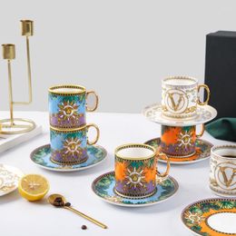 Mugs 2 Sets European Bone China Coffee Cup And Saucer Set Vintage Ceramic Breakfast Tea Milk Mug With Gold Rim Restaurant Drinkware