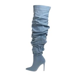 New Pleated Over The Knee Boots Spring 2023 Women Pointed Toe High Heel Designer Shoes Street Style Hot Girl Long Boats Size 42