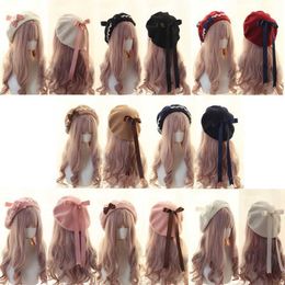 Berets Japanese Girl Kawaii Beret Hat Lolita Teenage Heart Sweet Woollen Handmade Cute Lace Bowknot Warm Winter Painter Hat Headdress Z0613