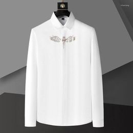 Men's Casual Shirts Art Embroidery Pattern Shirt For Men Long Sleeve Court Rhinestone Business Dress Social Party Camisa Hombre