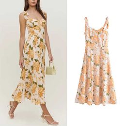 2023 New Line Women's Wear Frammented Flower Print Strap Bow Dress abiti gialli moda Dolce ed elegante Estate alla caviglia