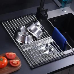 Multifunctional Dish Drying Rack, Stainless Steel Over The Sink Roll Up Dish Drying Rack, Heat Resistant Non-Slip Detachable Utensil Rack For Cups Fruits And Vegetable