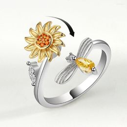 Wedding Rings Rotating Adjustable Sunflower Women Ring Compression Anxiety Decompression Crystal Female Open Finger Jewellery