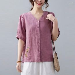 Women's Blouses Women Cotton Linen Casual Shirts 2023 Summer Vintage Style V-neck Floral Embroidery Loose Female Tops S3926