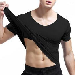 Men's T Shirts Ultra Thin T-Shirt Top Tee Short Sleeve V-Neck Elastic Mens Undershirts Underwear Sexy Casual Vest