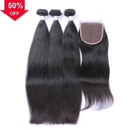 Virgin Weave Peruvian Straight Weaves with Closure Bundles Lot Unprocessed Silky Human Lace Top Closures