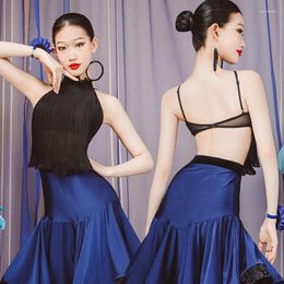 Stage Wear 2023 Latin Dance Costumes For Women Sexy Backless Tops Blue Swing Skirts Suit Chacha Rumba Tango Dress Clothes DN15527