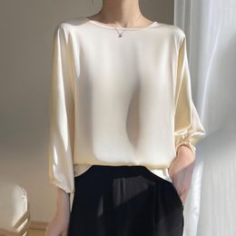 Women's Blouses Acetic Satin Women's Short Sleeve Shirt 2023 Summer High-end Lantern Sleeves Loose Round Neck Chiffon