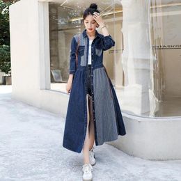 Casual Dresses Denim Dress Women 2023 Spring Autumn Striped Splicing Large Size Long Female Elegant Temperament Slim Skirt