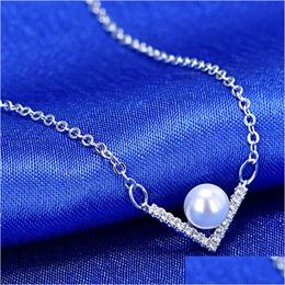 Pendant Necklaces V Necklace S925 Sier Plated White Pearl Engagement Wedding Jewelry Drop Delivery Pendants Dhnl5