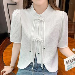 Women's Blouses Chinese Style Women Shirts 2023 Summer Fashion Clothing Blouse Bow Short Womens Tops And Sleeve Camisas De Mujer