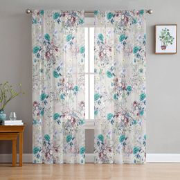 Curtain Flowers Foliage Vintage Voile Sheer Curtains For Living Room Window Chiffon Tulle Kitchen Bedroom Drapes Home Decor 230615