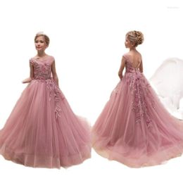 Girl Dresses Blush Pink Lace Flower Special Occasion For Weddings Feather Kids Pageant Gowns Ball Gown Tulle First Communion Dre