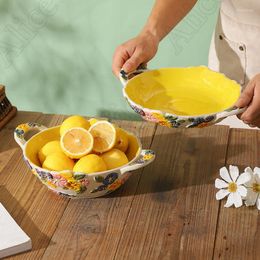 Bowls Baroque Relief Ceramic Salad Bowl Nordic Creative Hand Drawn Fruit Dining Table Decor Desktop Trays Home Tableware