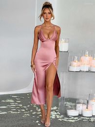Casual Dresses Elegant Sexy Summer V-neck Backless Mid-calf Evening For Women 2023 Female High Waist Slit Pink Party Dress