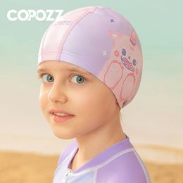 Swimming Caps COPOZZ Cartoon Children Swimming Cap Kids PU Waterproof Ear Protection Swim Hat Elastic Bathing Hats Pool Caps For Boys Girl 230616