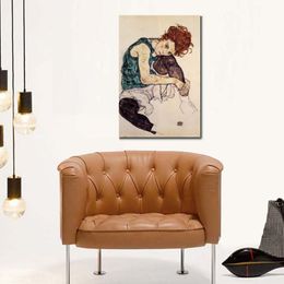 Abstract Figurative Canvas Art Seated Woman with Bent Knee Egon Schiele Painting Hand Painted Modern Wall Decor