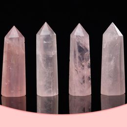 Natural Pink Crystal Tower Arts Mineral Chakra Healing wandsReiki Energy stone six-sided Quarze Point magic wand rough polished Upnbk