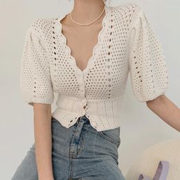 Women's T Shirts French Elegant Cropped Knitted Top Crochet V Neck Puff Short Sleeve Sweater Summer Sexy Hollow Out Cardigan Sweet T-Shirt